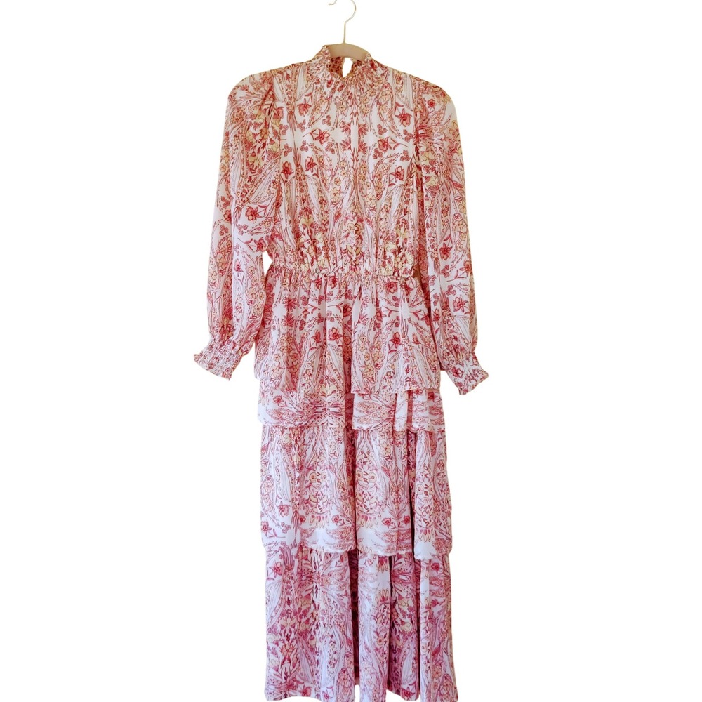 Floral Paisley Tiered Maxi Dress Mock Neck Smocked Cuff Pink XS Cottagecore Boho - Picture 2 of 3
